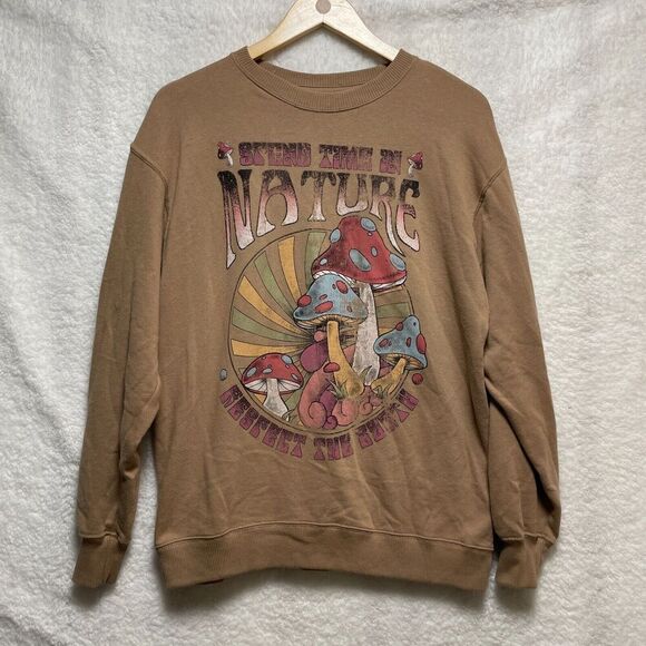 Hollister XS Brown Crewneck Sweatshirt ‘Spend Time in Nature’ Mushrooms - Picture 1 of 8